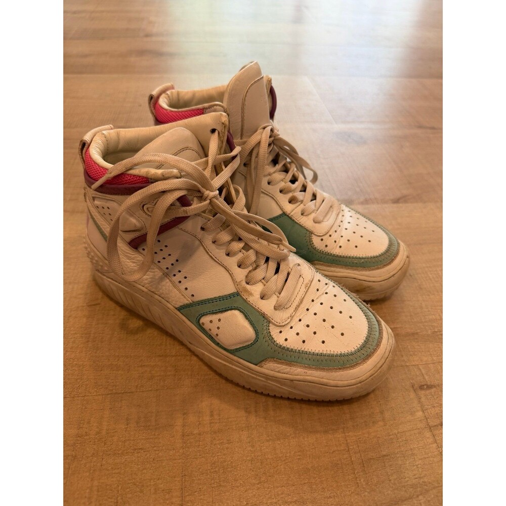 Buscemi Colorblock White High Top Sneakers with Teal and Pink Accents
